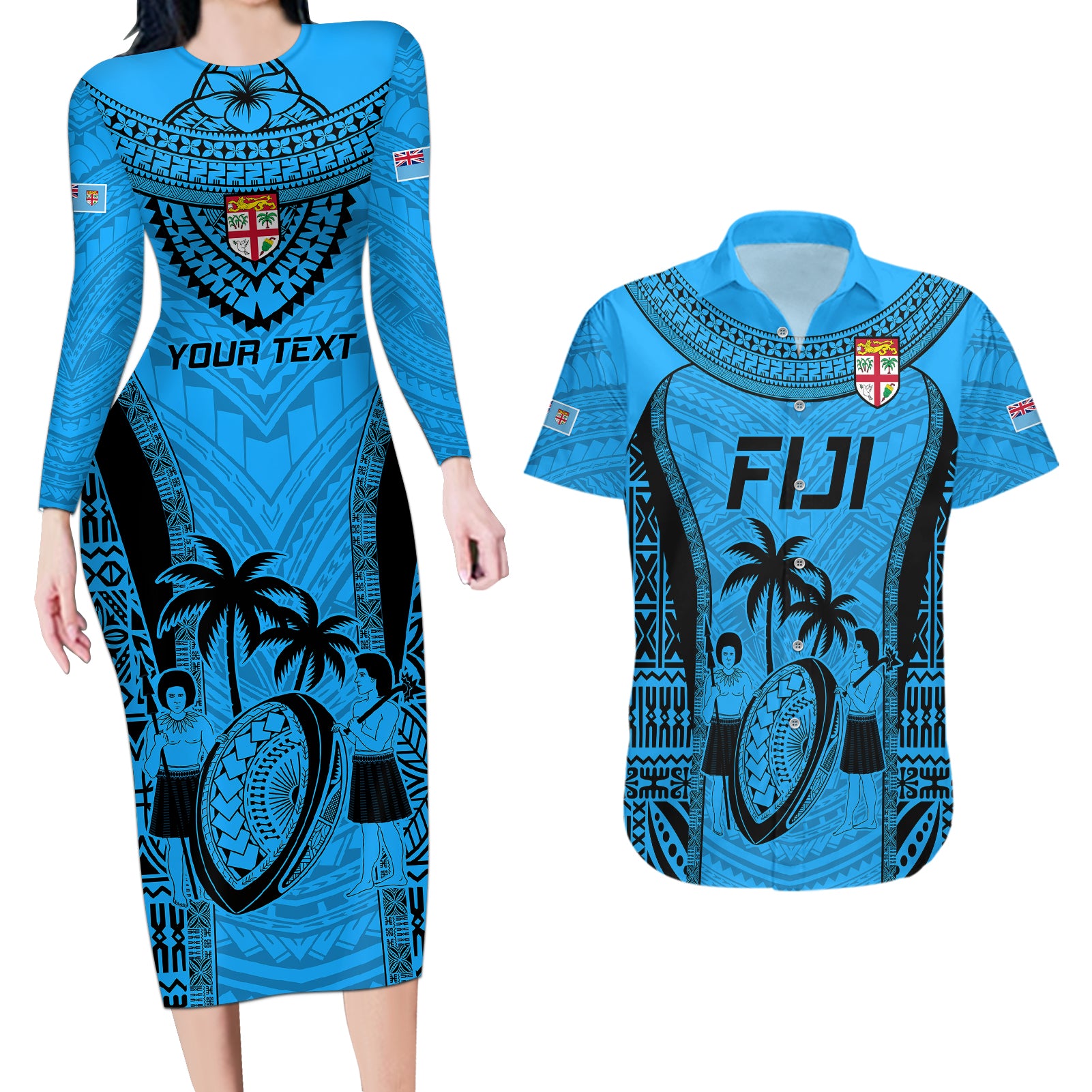 Custom Fiji Rugby Couples Matching Long Sleeve Bodycon Dress and Hawaiian Shirt Go Champions World Cup 2023 Tapa Unique Blue Vibe LT9 - Wonder Print Shop