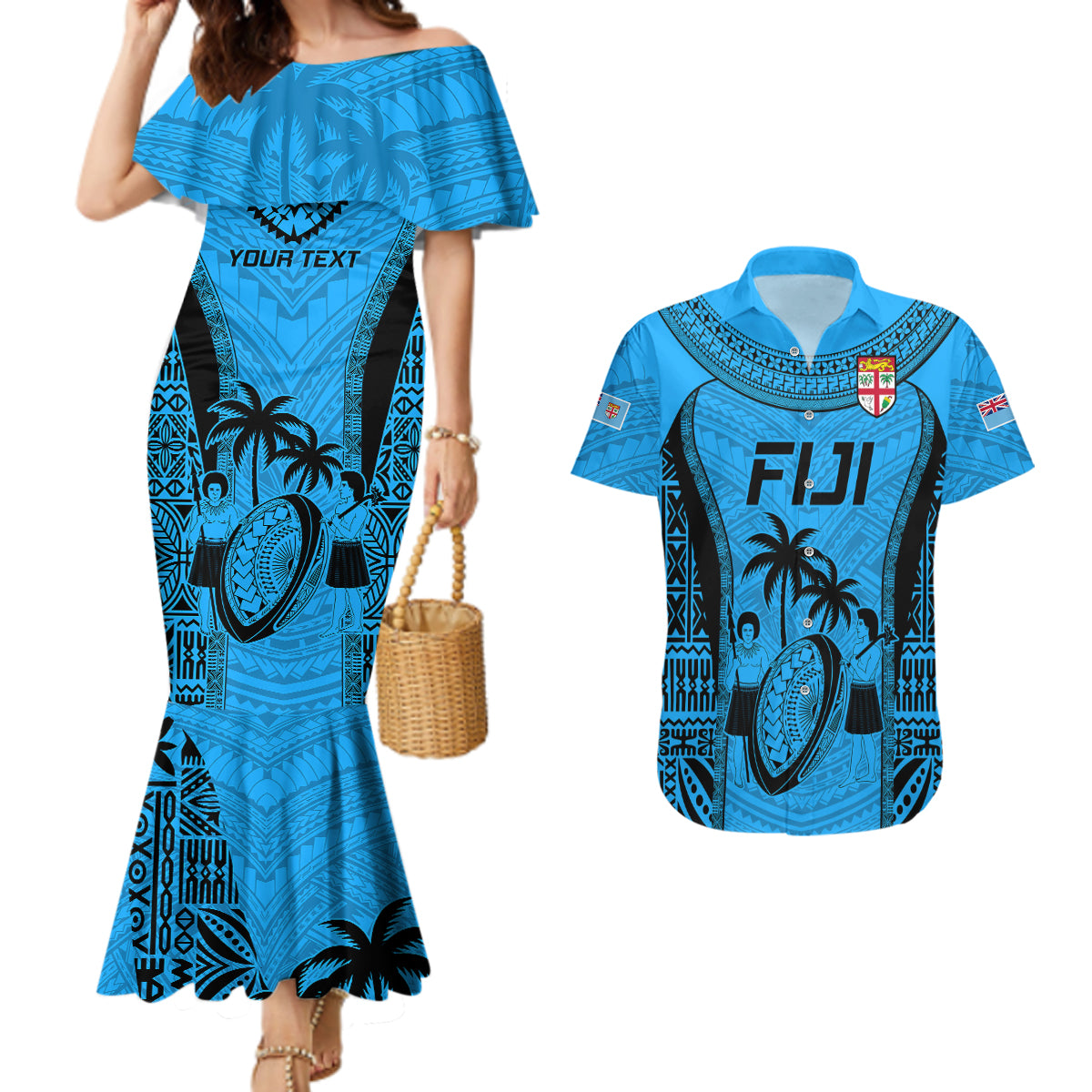 Custom Fiji Rugby Couples Matching Mermaid Dress and Hawaiian Shirt Go Champions World Cup 2023 Tapa Unique Blue Vibe LT9 - Wonder Print Shop