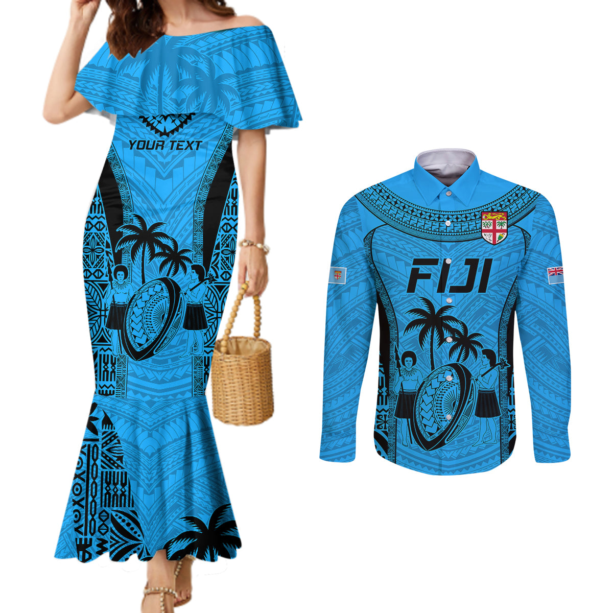 custom-fiji-rugby-couples-matching-mermaid-dress-and-long-sleeve-button-shirts-go-champions-world-cup-2023-tapa-unique-blue-vibe