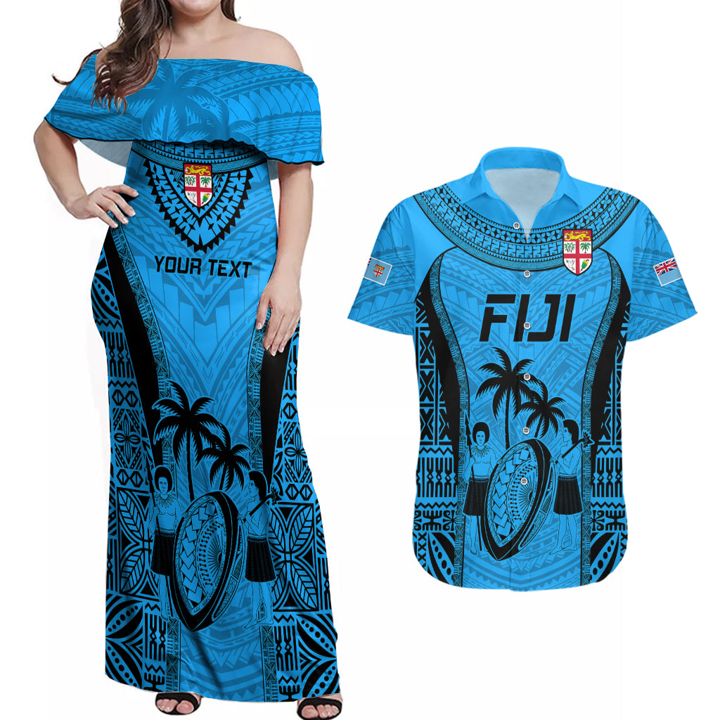 Custom Fiji Rugby Couples Matching Off Shoulder Maxi Dress and Hawaiian Shirt Go Champions World Cup 2023 Tapa Unique Blue Vibe LT9 - Wonder Print Shop