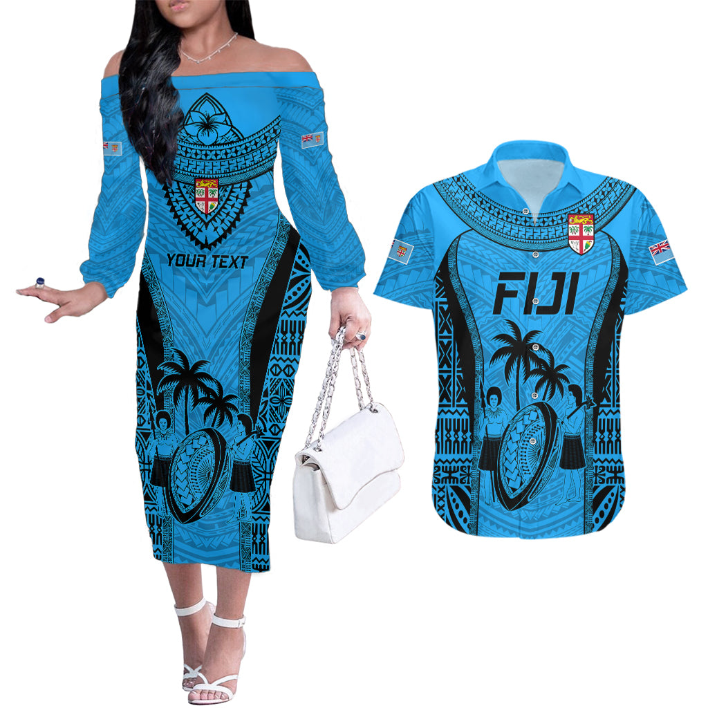 Custom Fiji Rugby Couples Matching Off The Shoulder Long Sleeve Dress and Hawaiian Shirt Go Champions World Cup 2023 Tapa Unique Blue Vibe LT9 - Wonder Print Shop