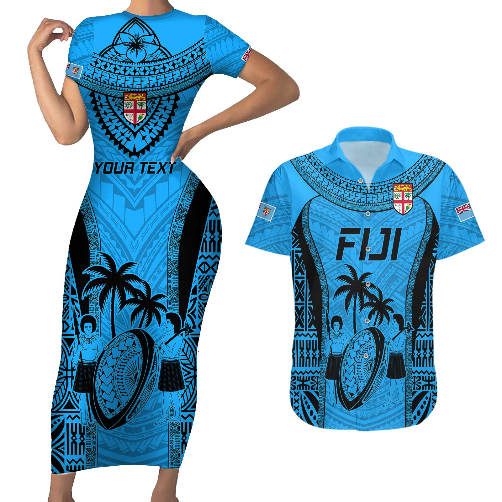 Custom Fiji Rugby Couples Matching Short Sleeve Bodycon Dress and Hawaiian Shirt Go Champions World Cup 2023 Tapa Unique Blue Vibe LT9 - Wonder Print Shop