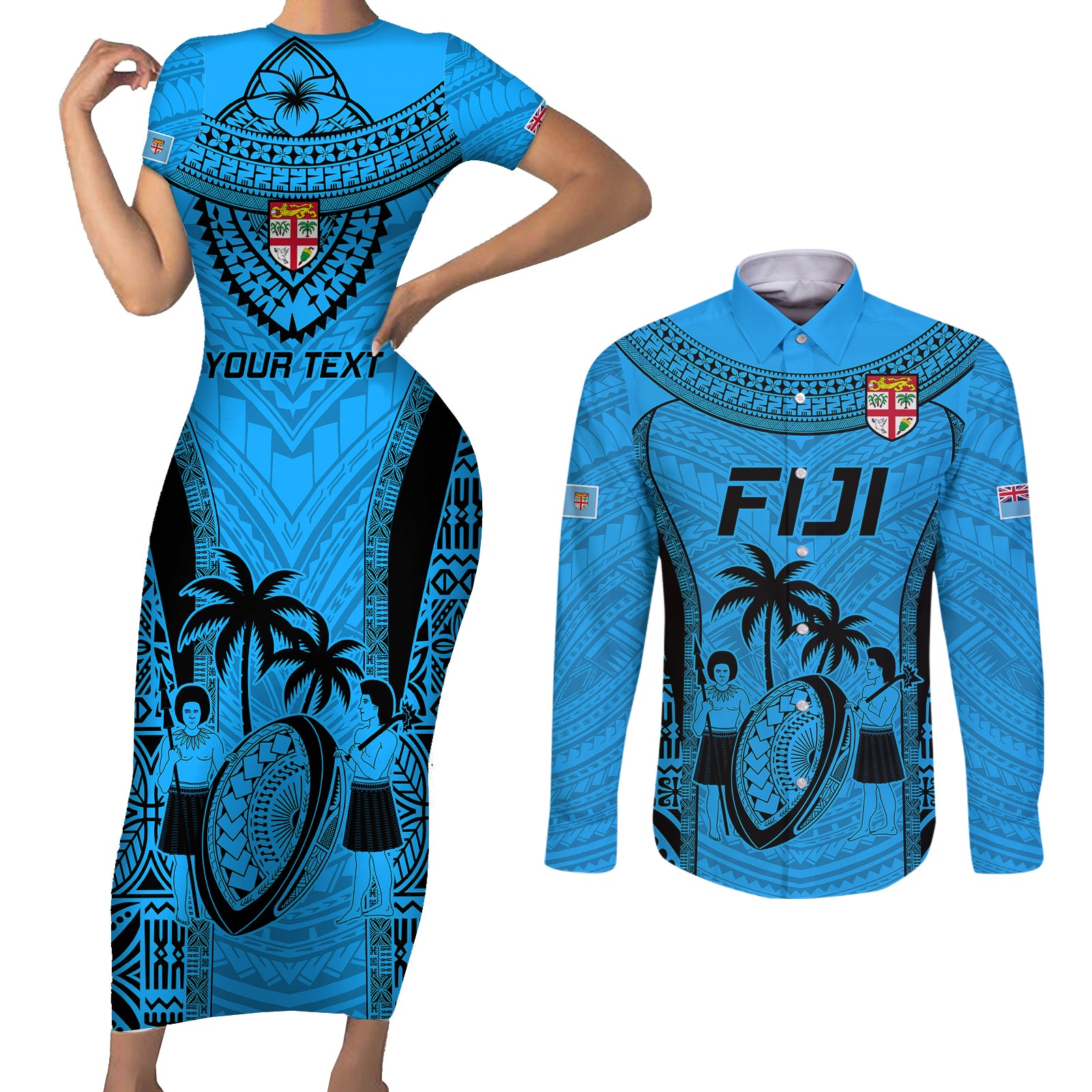 Custom Fiji Rugby Couples Matching Short Sleeve Bodycon Dress and Long Sleeve Button Shirts Go Champions World Cup 2023 Tapa Unique Blue Vibe LT9 - Wonder Print Shop