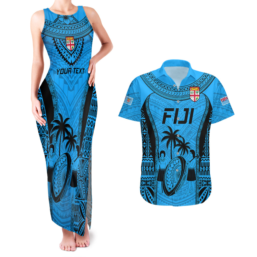 Custom Fiji Rugby Couples Matching Tank Maxi Dress and Hawaiian Shirt Go Champions World Cup 2023 Tapa Unique Blue Vibe LT9 - Wonder Print Shop