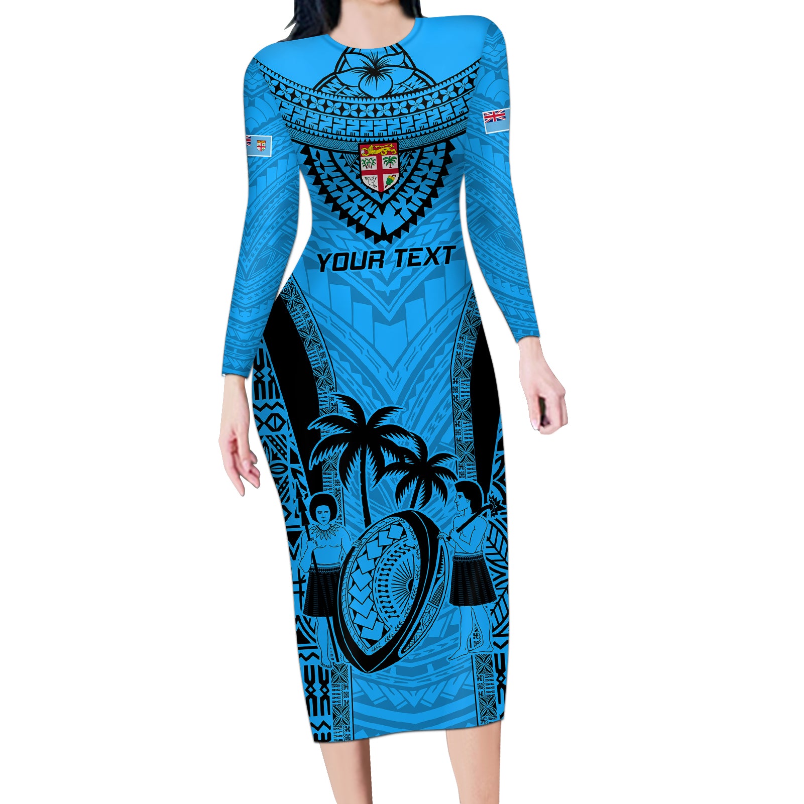 Custom Fiji Rugby Long Sleeve Bodycon Dress Go Champions World Cup 2023 Tapa Unique Blue Vibe - Wonder Print Shop