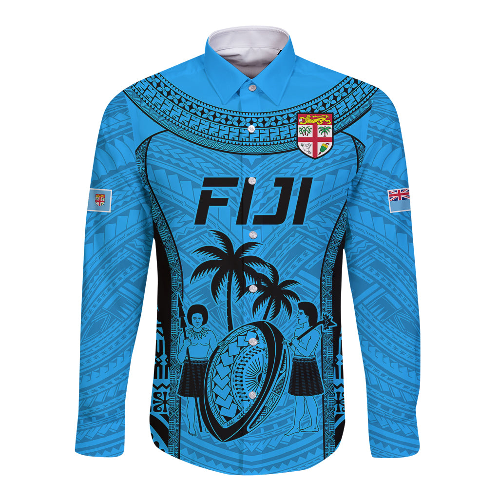 Custom Fiji Rugby Long Sleeve Button Shirt Go Champions World Cup 2023 Tapa Unique Blue Vibe - Wonder Print Shop