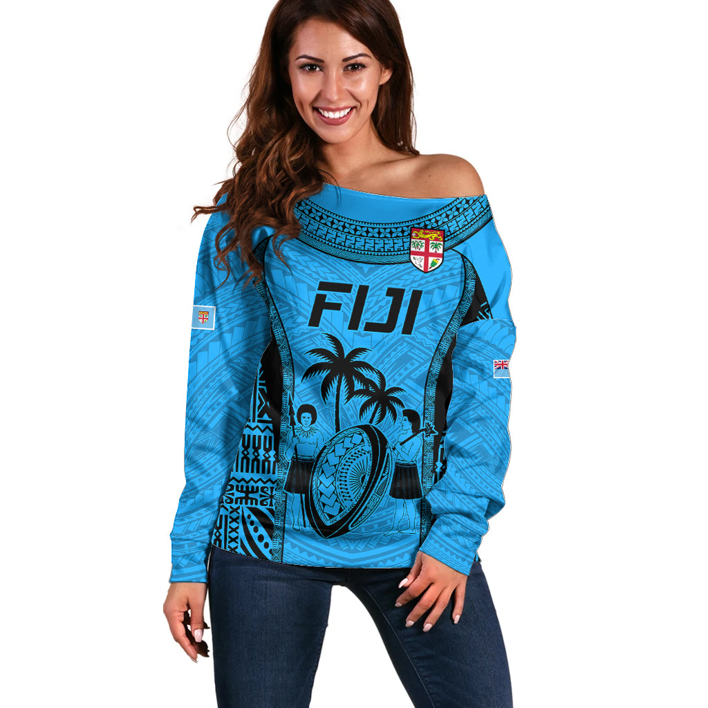 Custom Fiji Rugby Off Shoulder Sweater Go Champions World Cup 2023 Tapa Unique Blue Vibe - Wonder Print Shop