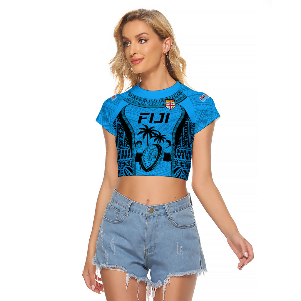 Custom Fiji Rugby Raglan Cropped T Shirt Go Champions World Cup 2023 Tapa Unique Blue Vibe - Wonder Print Shop