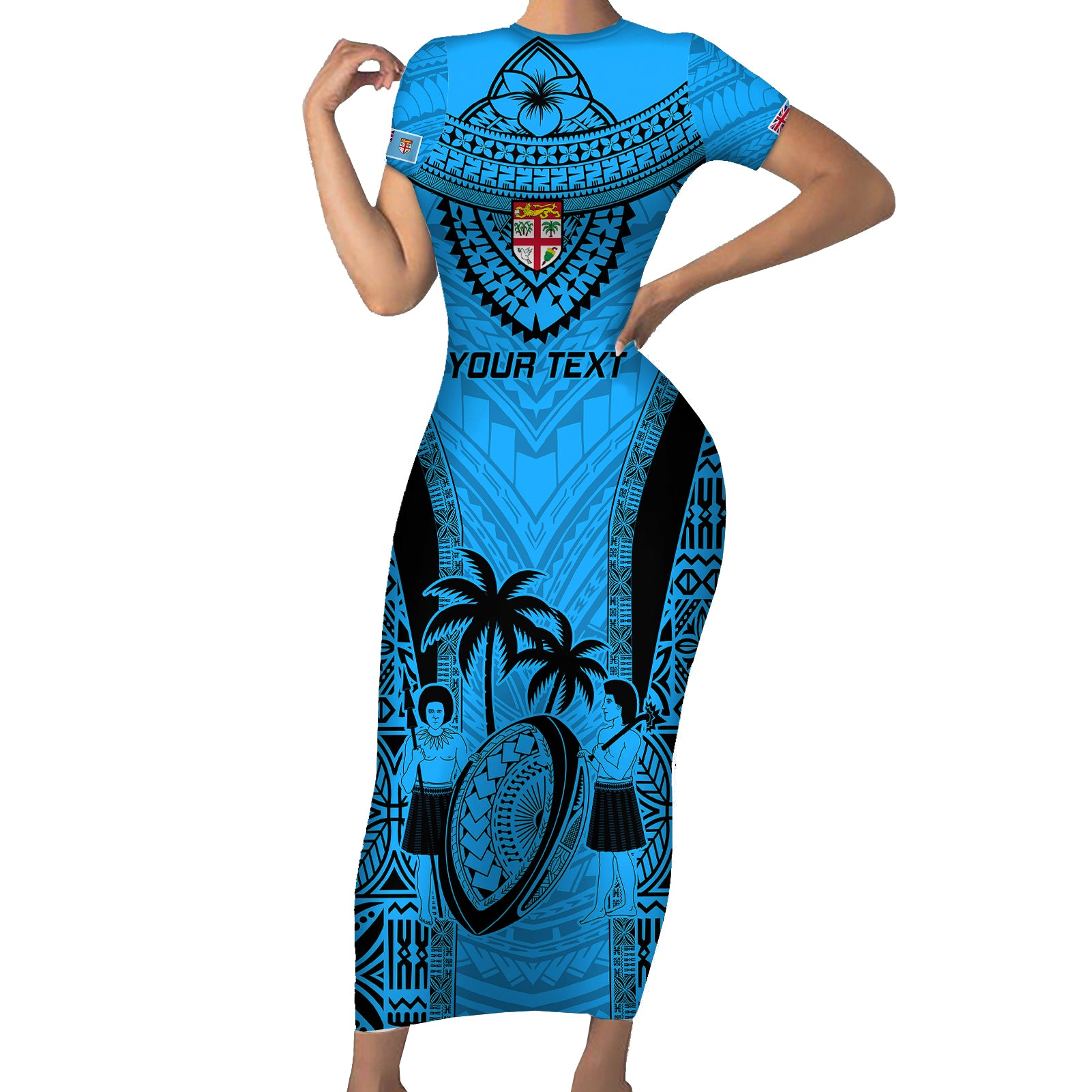 Custom Fiji Rugby Short Sleeve Bodycon Dress Go Champions World Cup 2023 Tapa Unique Blue Vibe - Wonder Print Shop