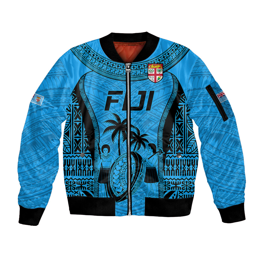 Custom Fiji Rugby Sleeve Zip Bomber Jacket Go Champions World Cup 2023 Tapa Unique Blue Vibe - Wonder Print Shop