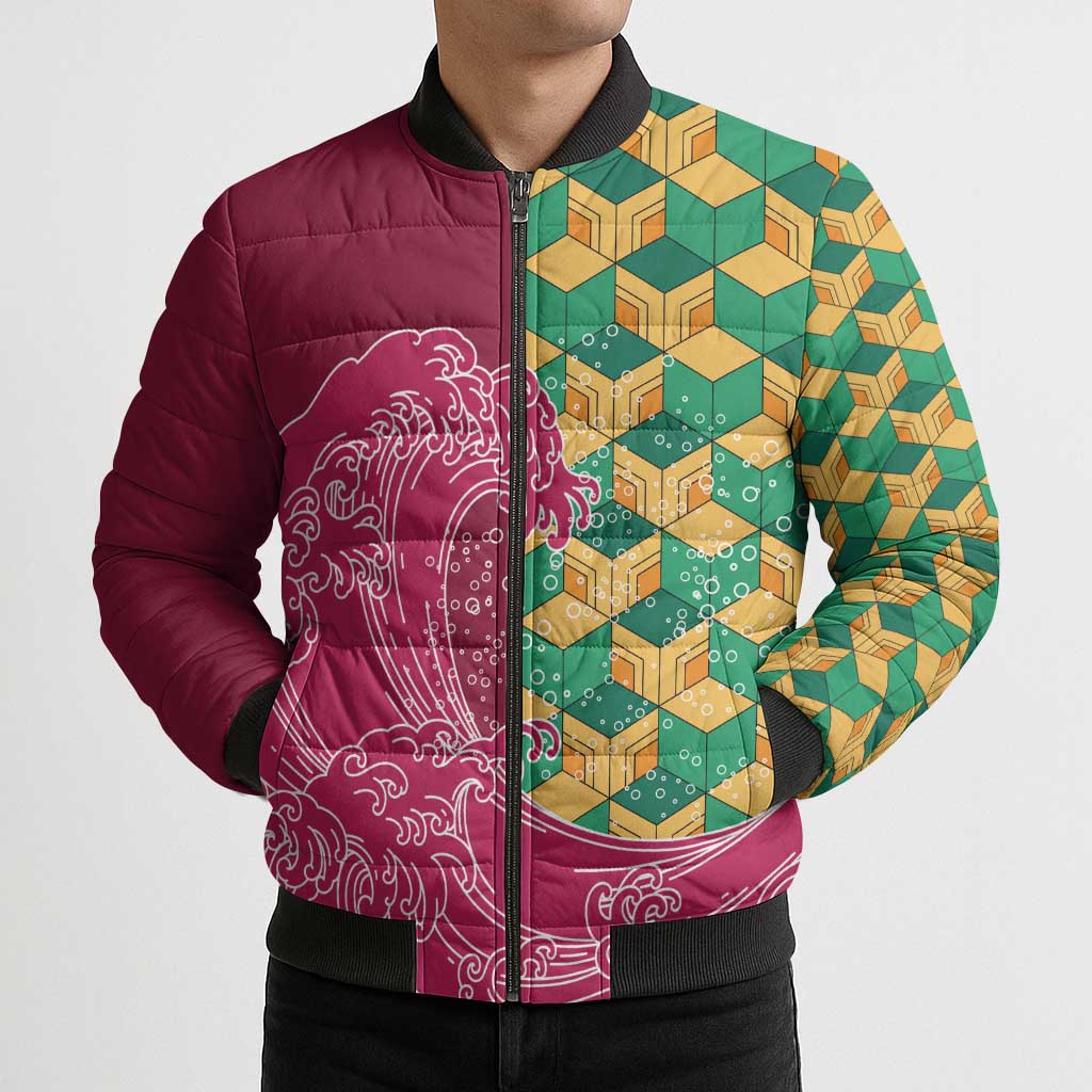 Japanese Bishamon-Kikkou Pattern Bomber Puffer Jacket Water Pillar Silent River Flow - Wonder Print Shop