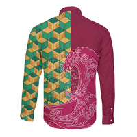 Japanese Bishamon-Kikkou Pattern Long Sleeve Button Shirt Water Pillar Silent River Flow - Wonder Print Shop