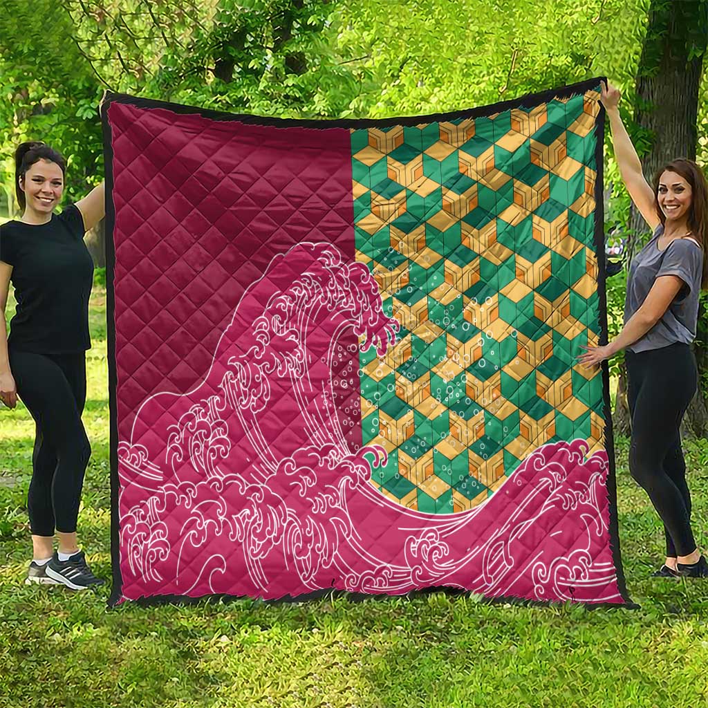 Japanese Bishamon-Kikkou Pattern Quilt Water Pillar Silent River Flow - Wonder Print Shop