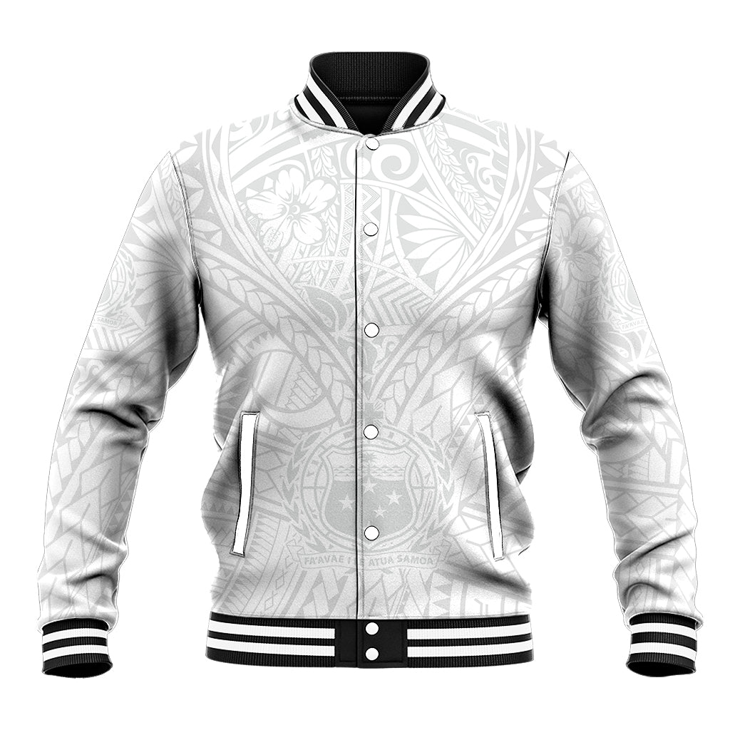 White varsity baseball jacket with Polynesian pattern, snap front, black ribbed cuffs