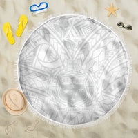Round white kids beach blanket with gray Polynesian crest and white tassel fringe
