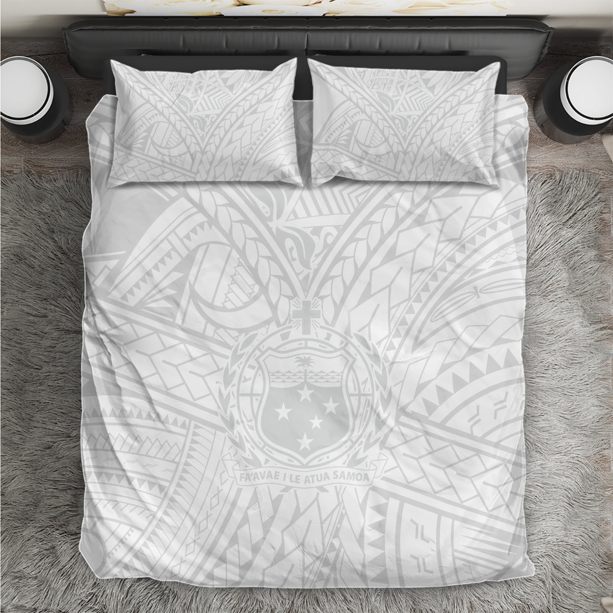 Kids white bedding set with two matching pillows and Polynesian style pattern on duvet
