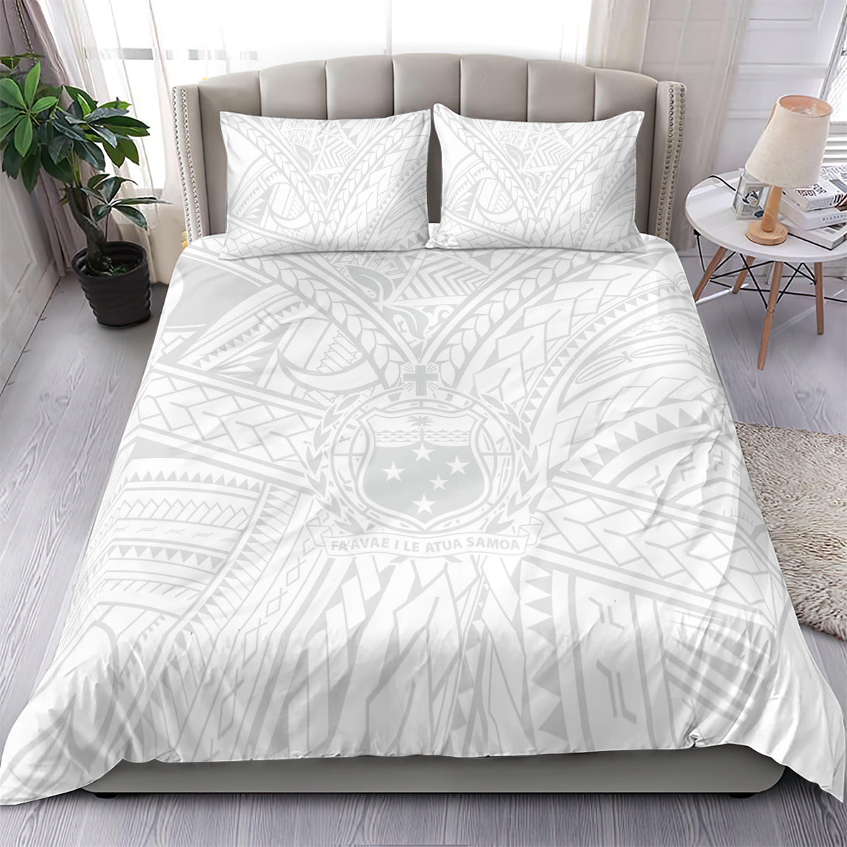 Kids white bedding set with two pillows and patterned duvet featuring a central emblem