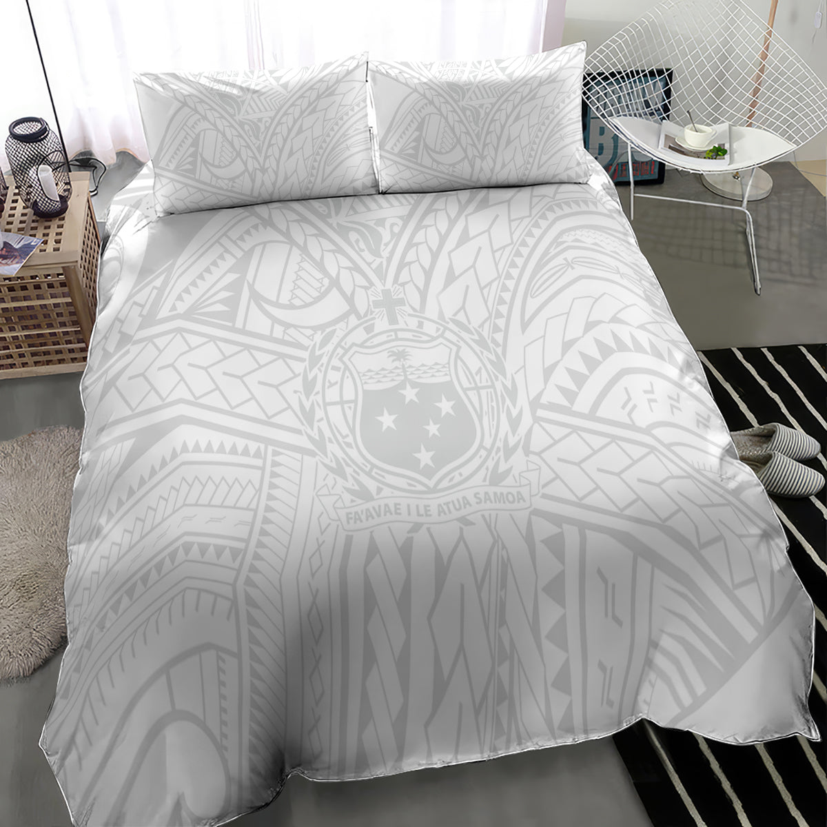 Kids white duvet and two pillow set with large emblem and geometric Polynesian motifs