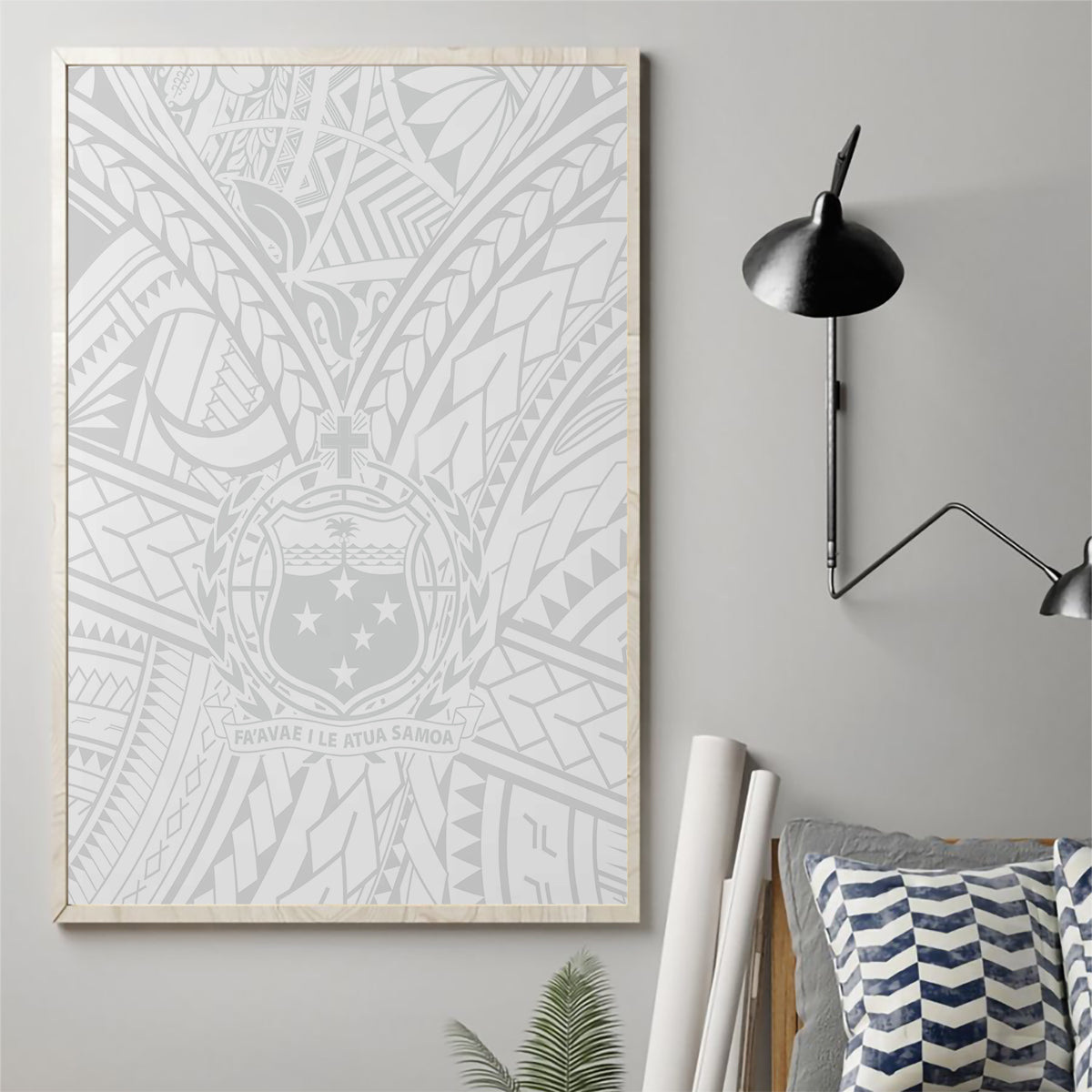 White Polynesian kids canvas wall art poster with crest emblem and cross motif, framed