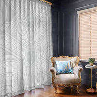 White kids window curtain with Polynesian-style geometric pattern, hanging full length