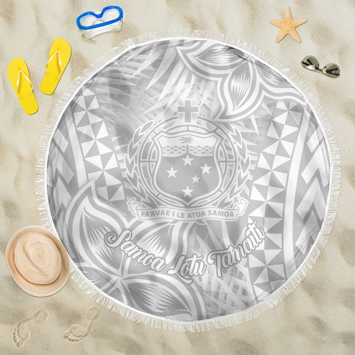 Round white Polynesian-pattern beach blanket with fringed edge and Samoa crest design
