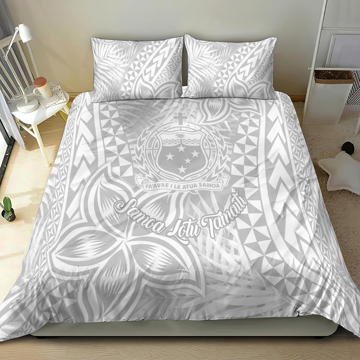 White Polynesian bedding set with large leaf-and-floral print and geometric triangles; duvet and two pillows