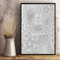 Framed Polynesian crest wall art in white and gray with leaf and geometric motifs