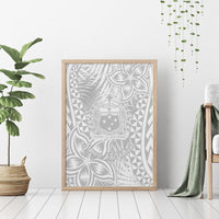 Wood-framed Polynesian crest wall art in white and gray with leaf pattern
