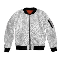 White unisex bomber jacket with full-length zipper, black rib trim, and tropical plant pattern
