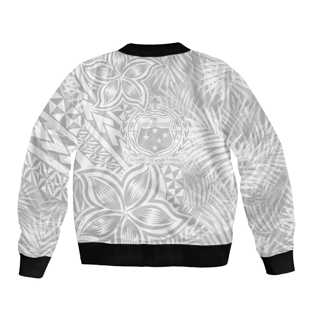 White unisex bomber jacket with allover leaf/geometric print and crest logo on back, black rib hem