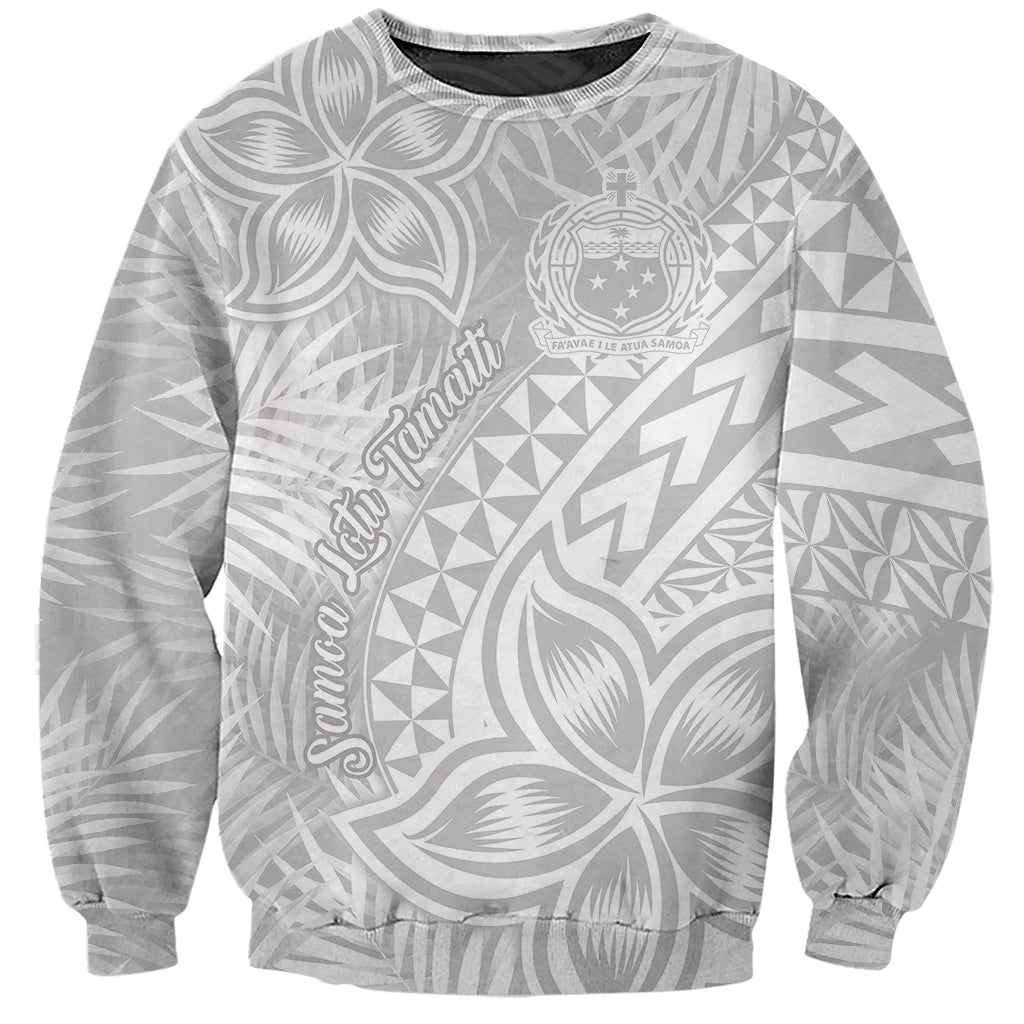 Unisex crewneck sweatshirt with light gray Polynesian tropical leaf and shield print