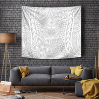 White tropical tapestry with gray floral and tribal patterns, centered crest and cross motif.