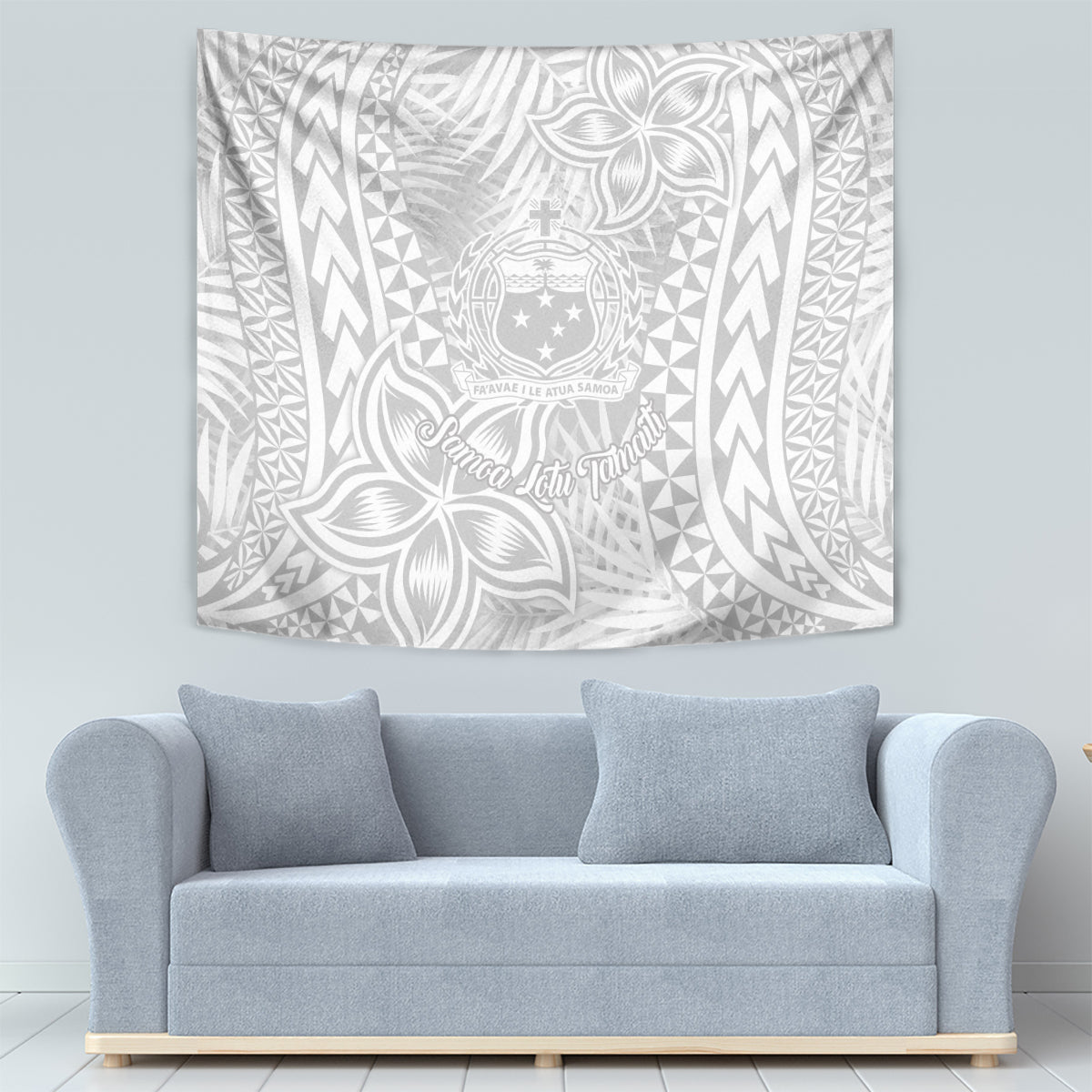 White tapestry with gray floral and geometric border patterns and a centered crest design.