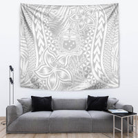 White tropical wall tapestry with gray chevrons, leaves, and a central shield emblem.