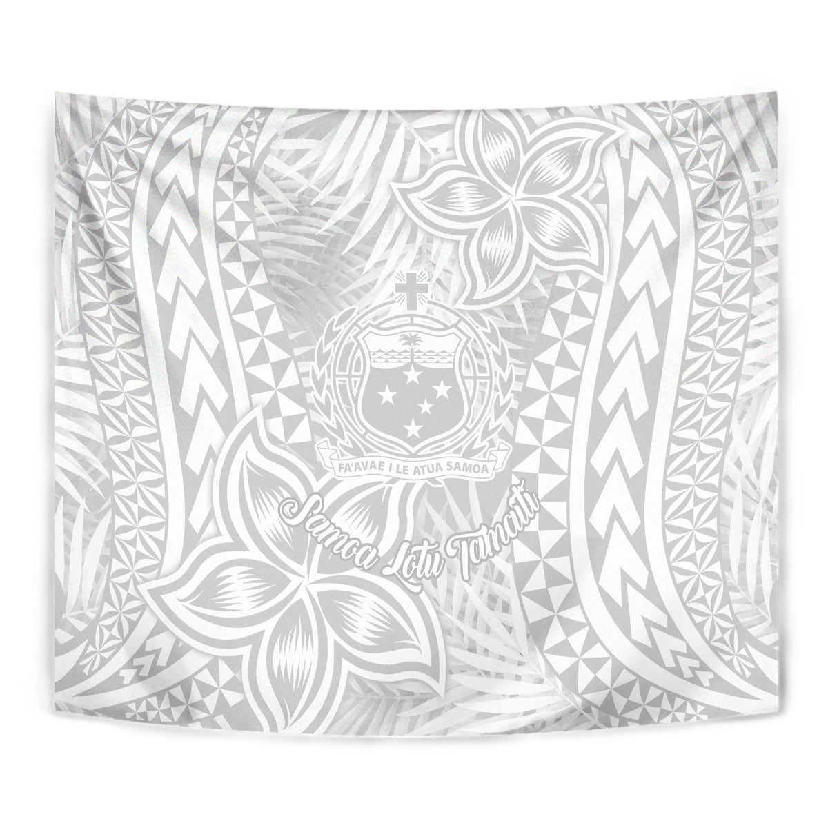 Close-up view of white tapestry with gray crest, cross, and leaf floral pattern details.