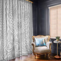 White window curtain with tropical leaf and geometric pattern, floor-length