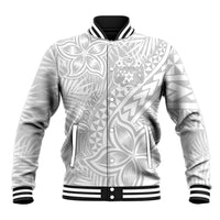 White varsity baseball jacket with Polynesian-style geometric and floral print, snap front