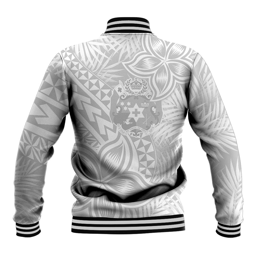 White baseball jacket with back graphic, floral and geometric tropical pattern, rib knit trim