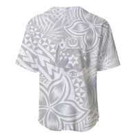 Back baseball jersey with gray tropical leaf, geometric triangles, and crest graphic