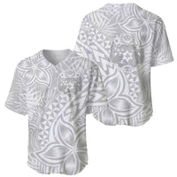 Baseball jersey front and back shown, gray tropical leaf and geometric crest print