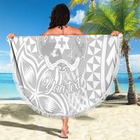 White round beach blanket with gray crest, geometric accents, and “Your text” fringe