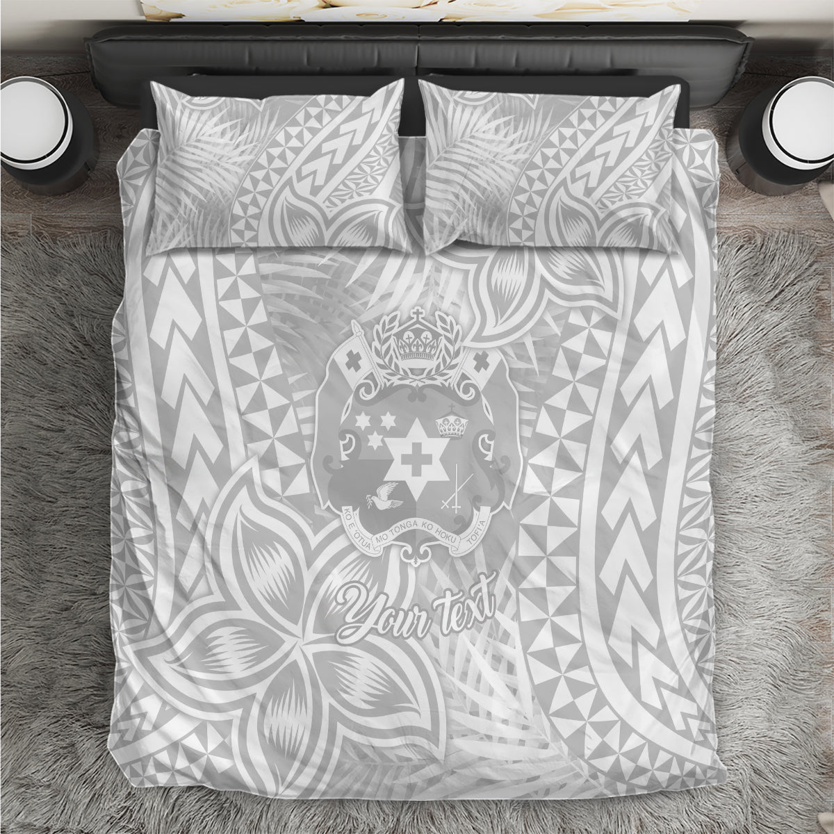 White personalized bedding set: tropical leaves & Polynesian tribal pattern, crest, “Your text”