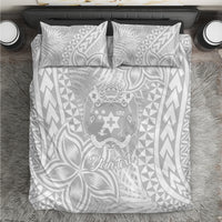 White personalized bedding set: tropical leaves & Polynesian tribal pattern, crest, “Your text”