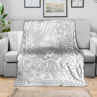 Personalized white blanket with gray Polynesian crest, leaf motifs, and geometric triangle pattern
