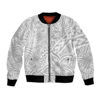 Unisex white bomber jacket with zip front, black ribbed hem and cuffs, Polynesian tropical pattern