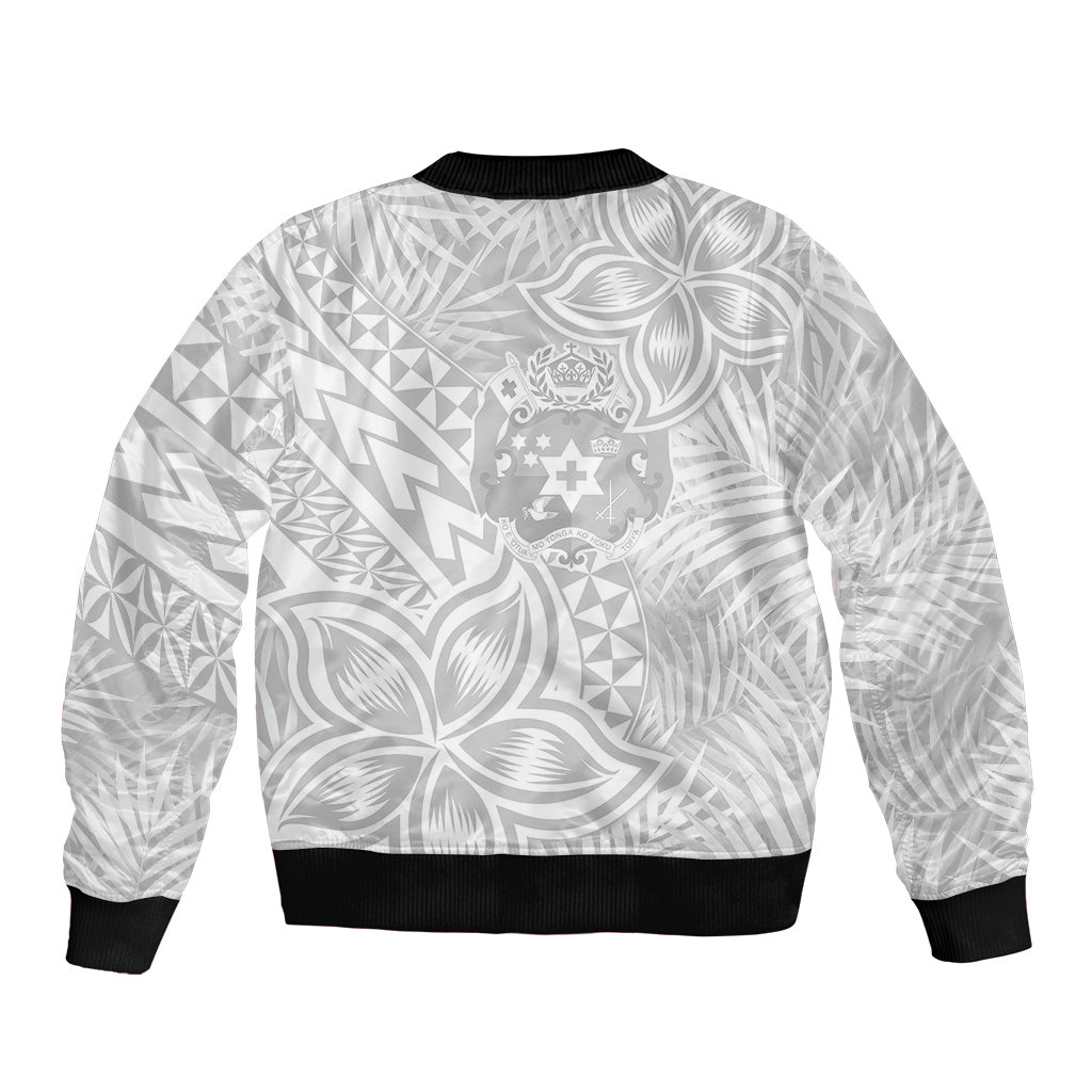 Unisex white bomber jacket, black ribbed collar and hem, back shows tropical Polynesian print
