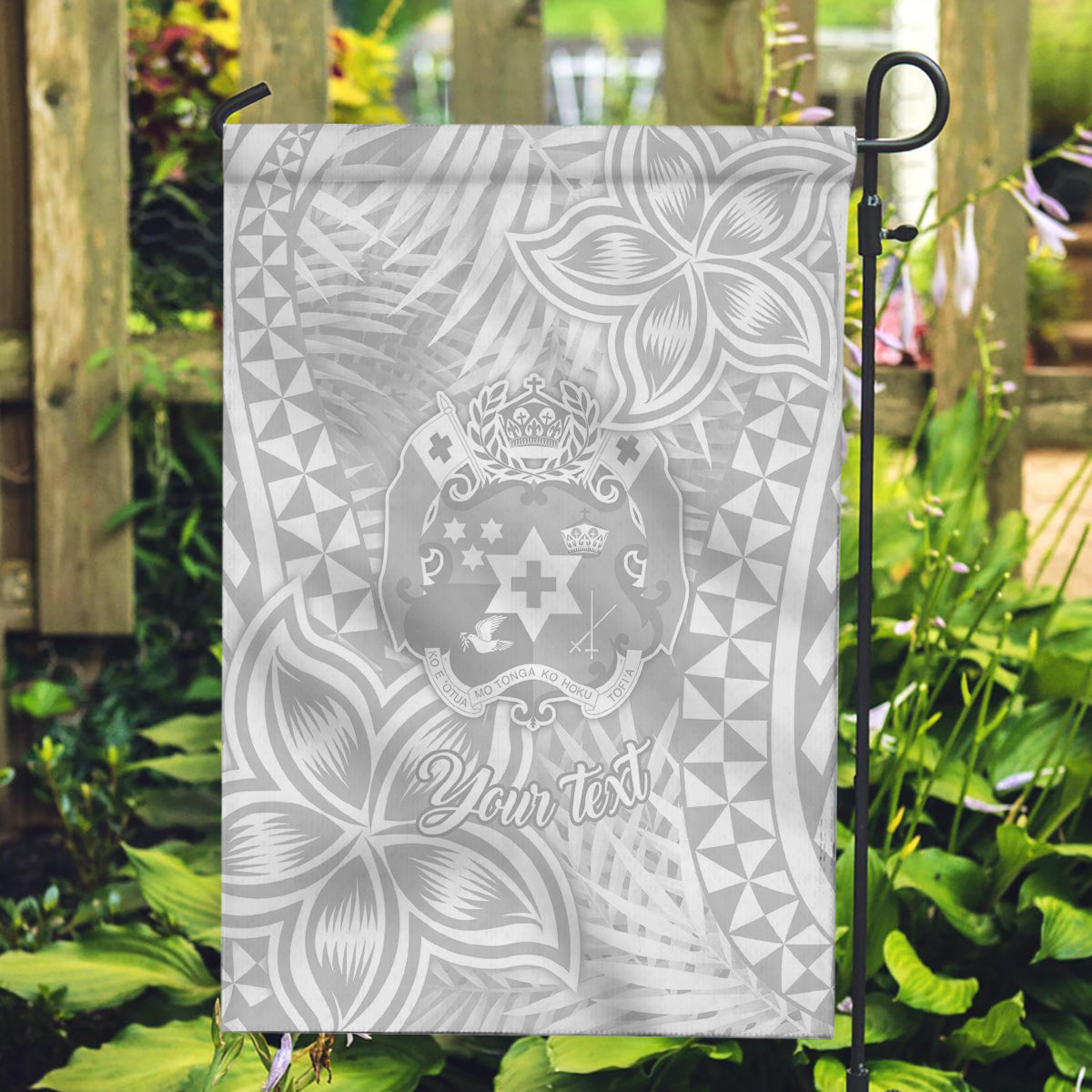 Personalised Tonga White Sunday Garden Flag Tropical Plant With Polynesian Pattern - Wonder Print Shop