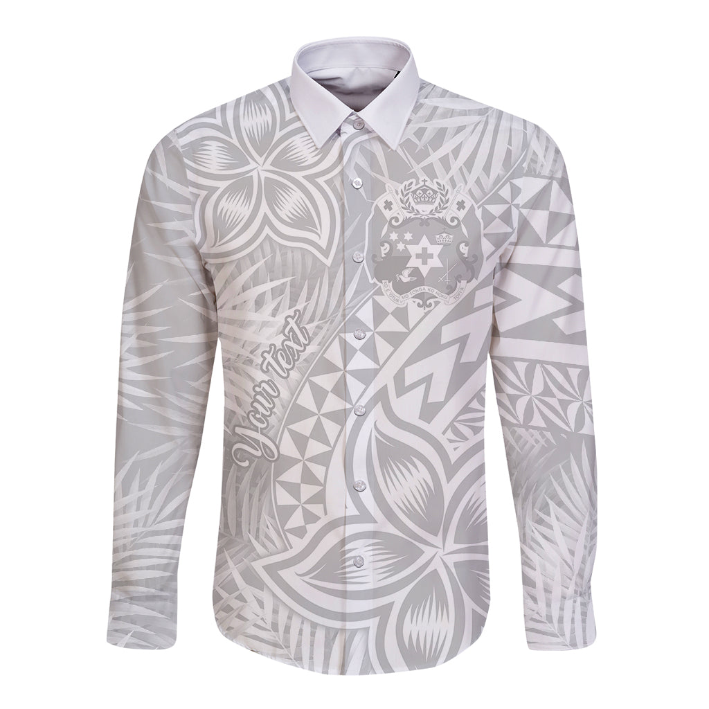 White long-sleeve button shirt with gray tropical and Polynesian pattern, front view