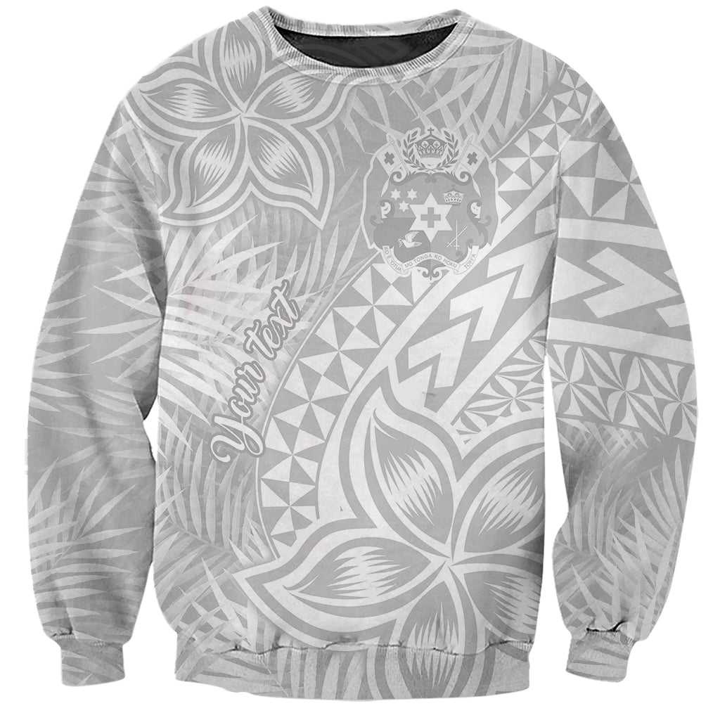 Unisex light-gray crewneck sweatshirt with large tropical Polynesian pattern print