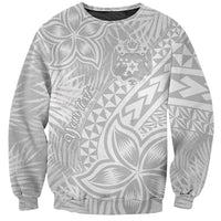Unisex light-gray crewneck sweatshirt with large tropical Polynesian pattern print